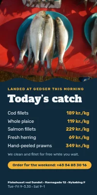 Door poster for a fishmonger — today’s catch with prices