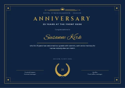 Anniversary certificate — 25 years at the hotel