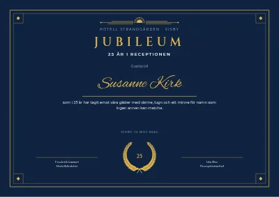 Jubileumsdiplom — 25 år på hotellet