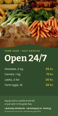 Door poster for a farm shop — self-service day and night
