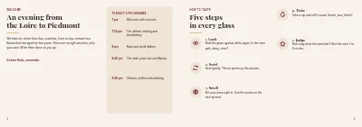 Pages 2–3 of Tasting booklet for a wine tasting – 16 pages