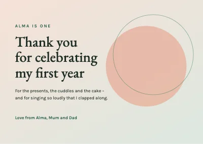 First birthday — thank-you card with soft circles