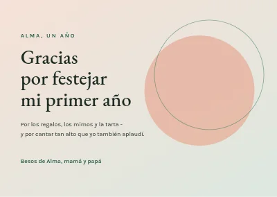 Primer cumpleaños — tarjeta de agradecimiento con círculos suaves