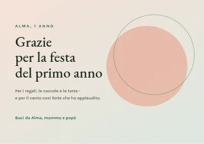 Primo compleanno — biglietto di ringraziamento con cerchi morbidi