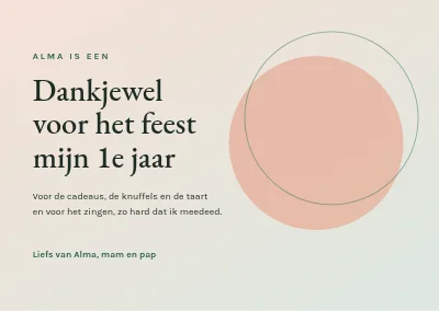 Eerste verjaardag — bedankkaartje met zachte cirkels