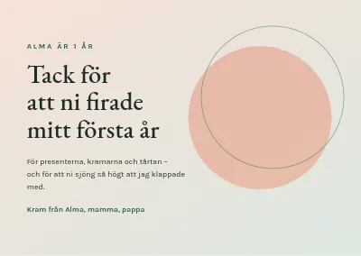 Första födelsedagen — tackkort med mjuka cirklar