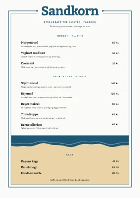 Strandcafé — menukort i to sider
