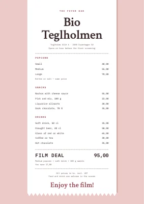 Cinema bar menu — till receipt