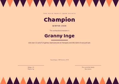 Certificate — board game champion