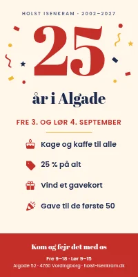 Dørplakat til butik — 25 års jubilæum med kage og tilbud