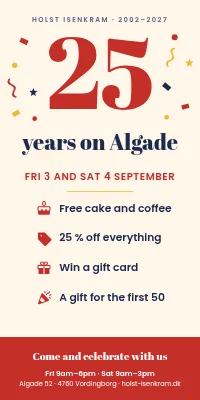 Door poster for a shop — 25th anniversary with cake and offers