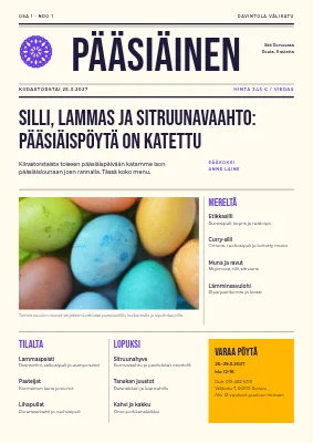 Pääsiäislounas — menu sanomalehden etusivuna