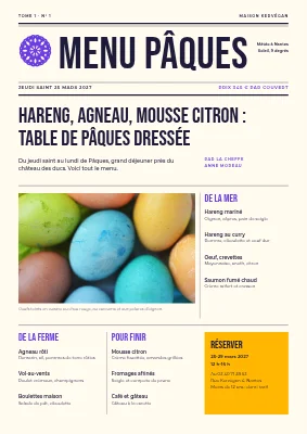 Déjeuner de Pâques — menu en une de journal