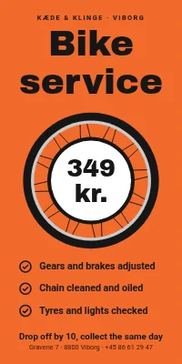 Door poster for a bike shop — bike service 349 kr.