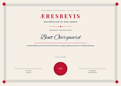 Æresbevis — æresmedlem i roklubben