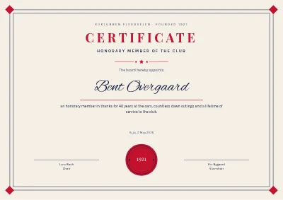 Certificate — honorary member of the rowing club