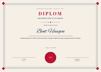 Diplom — æresmedlem i roklubben