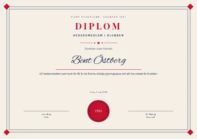 Diplom — hedersmedlem i roddklubben
