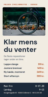 Dørplakat til cykelværksted — åbningstider og priser