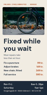 Door poster for a bike workshop — hours and prices