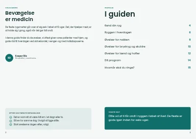 Side 2–3 af Patientguide fra kiropraktor – 16 sider
