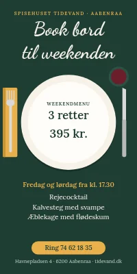 Dørplakat til restaurant — book bord til weekenden
