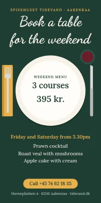 Door poster for a restaurant — book a table this weekend