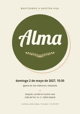 Bautizo — nombre en un círculo verde oliva