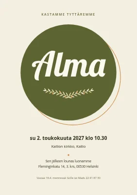Kastejuhla — nimi oliivinvihreässä ympyrässä