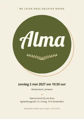 Doop — naam in een olijfgroene cirkel