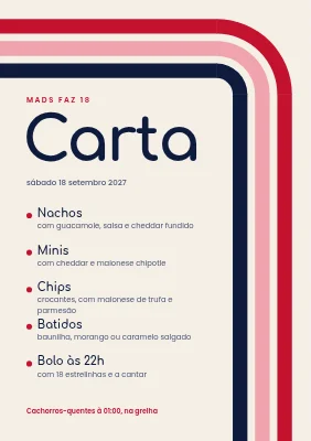 18.º aniversário — menu com riscas de corrida