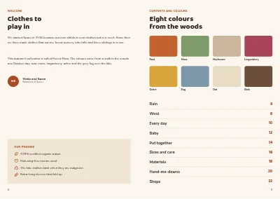 Pages 2–3 of Seasonal collection for a children's clothing brand – 24 pages