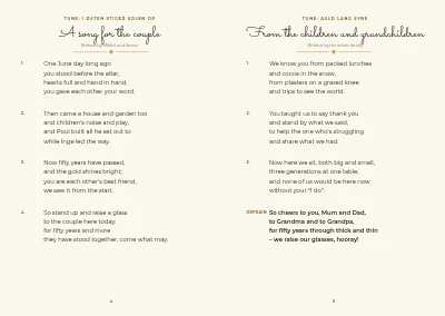 Pages 4–5 of Programme and original songs for a golden wedding – 8 pages