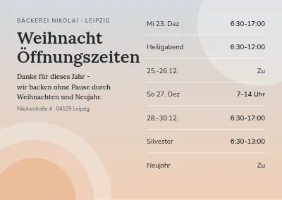 Weihnachtsöffnungszeiten — Bäckerei