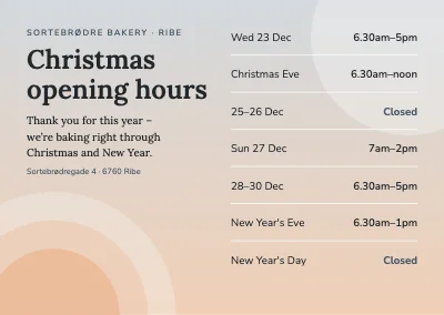 Christmas opening hours — bakery