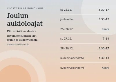 Joulun aukioloajat — leipomo