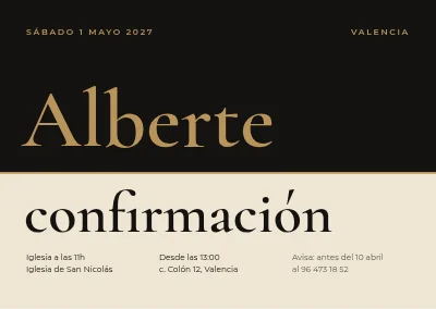 Confirmación — tarjeta dividida en negro y dorado