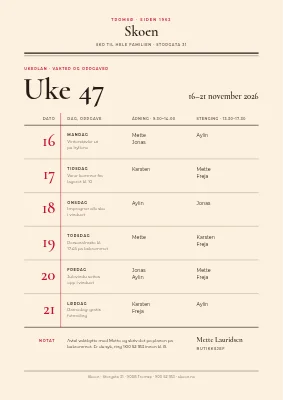 Ukevaktplan — skobutikk