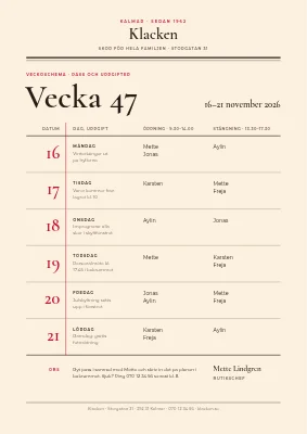 Veckoschema — skobutik