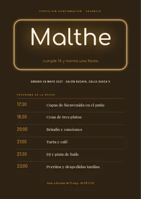 Fiesta de no confirmación — letrero de neón y programa de la velada