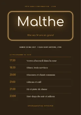 Fête de non-confirmation — enseigne néon et programme de la soirée