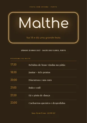 Festa de não-crisma — letreiro néon e programa da noite