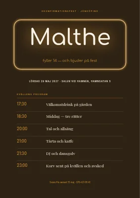 Okonfirmationsfest — neonskylt och kvällsprogram