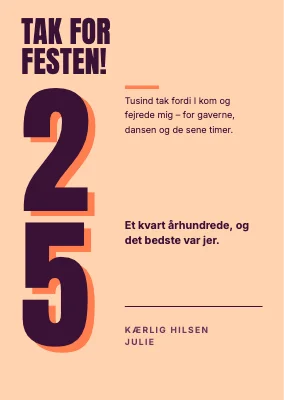 25-års fødselsdag — takkekort med stort 25
