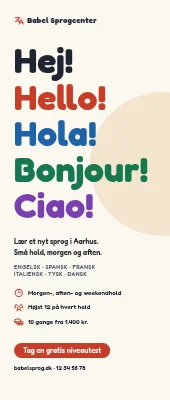Roll-up til sprogskole — hej, hello, hola