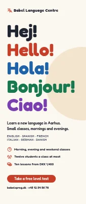 Language school roll-up — hej, hello, hola