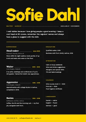 Waiter CV — menu card