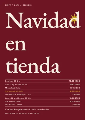 Horarios festivos — serif grande sobre burdeos