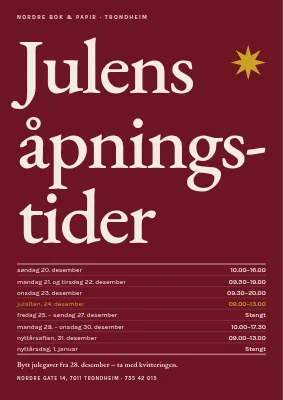 Festlige åpningstider — stor serif på okseblodrødt