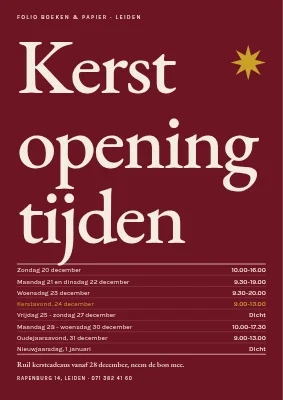 Feestelijke openingstijden — grote serif op ossenbloedrood